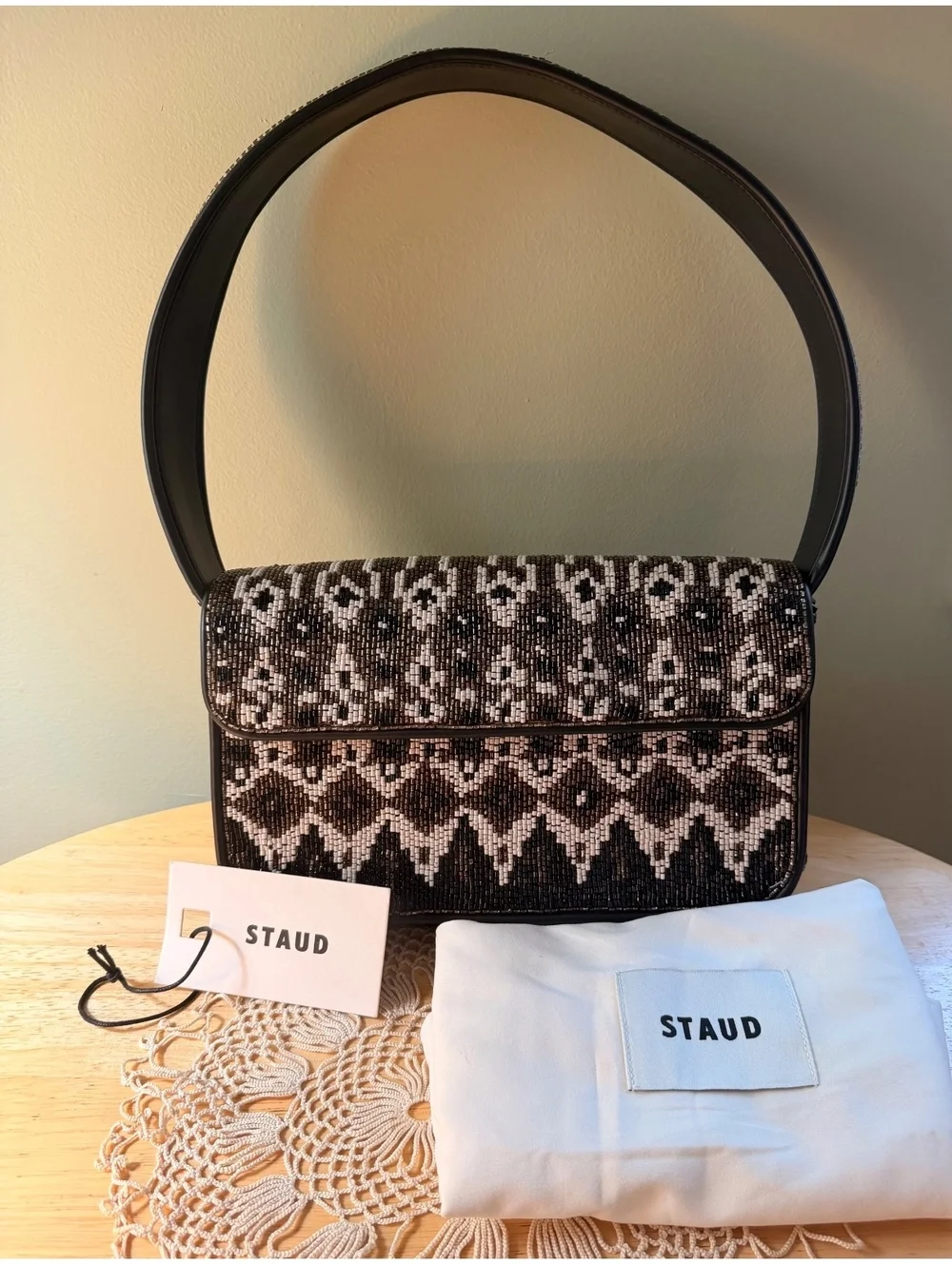 STAUD Zermatt Beaded Shoulder Bag with Geometric Pattern